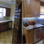 Kitchen remodel - wood cabinets, brick backsplash, marble countertop, steel sink