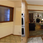 Kitchen and dining area entryway, rebuilt wall, wood trim