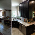 Renovated kitchen, dark wood cabinets, marble countertops, before & after
