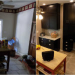 Remodeled kitchen, before & after, dark wood storage cabinets