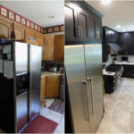 Kitchen remodel, steel appliances, dark wood cabinets, before & after