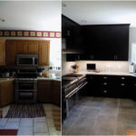 Kitchen renovation, dark wood cabinets, steel appliances, before & after